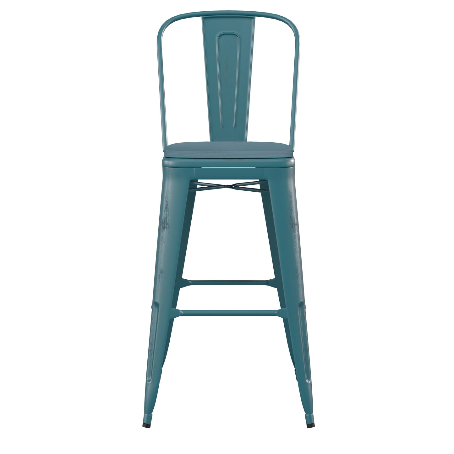 Carly Commercial Grade 30" High Kelly Blue-Teal Metal Indoor-Outdoor Barstool with Back with Teal-Blue Poly Resin Wood Seat