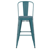 Carly Commercial Grade 30" High Kelly Blue-Teal Metal Indoor-Outdoor Barstool with Back with Teal-Blue Poly Resin Wood Seat