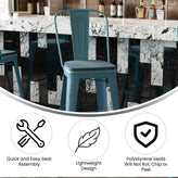 Carly Commercial Grade 30" High Kelly Blue-Teal Metal Indoor-Outdoor Barstool with Back with Teal-Blue Poly Resin Wood Seat
