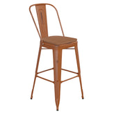 Carly Commercial Grade 30" High Orange Metal Indoor-Outdoor Barstool with Back with Teak Poly Resin Wood Seat
