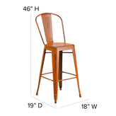 Carly Commercial Grade 30" High Orange Metal Indoor-Outdoor Barstool with Back with Teak Poly Resin Wood Seat