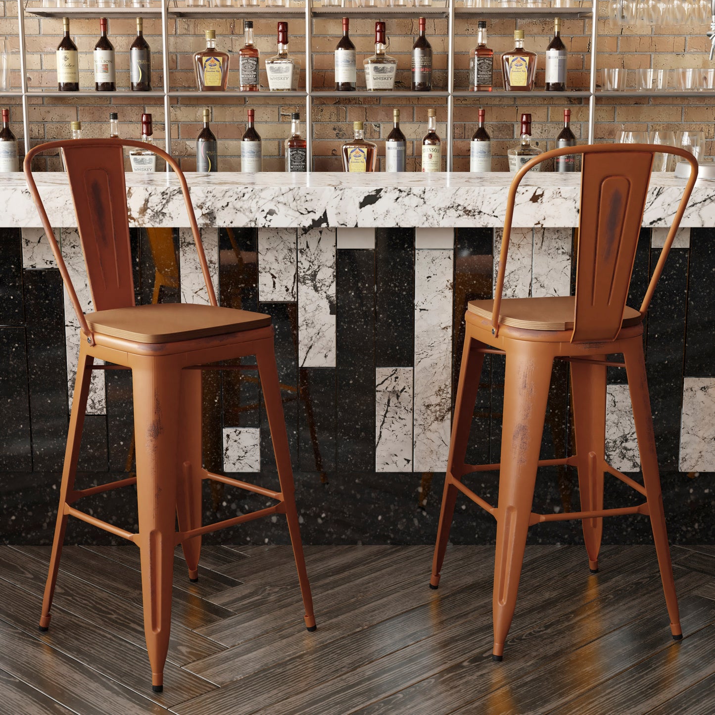 Carly Commercial Grade 30" High Orange Metal Indoor-Outdoor Barstool with Back with Teak Poly Resin Wood Seat