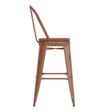 Carly Commercial Grade 30" High Orange Metal Indoor-Outdoor Barstool with Back with Teak Poly Resin Wood Seat