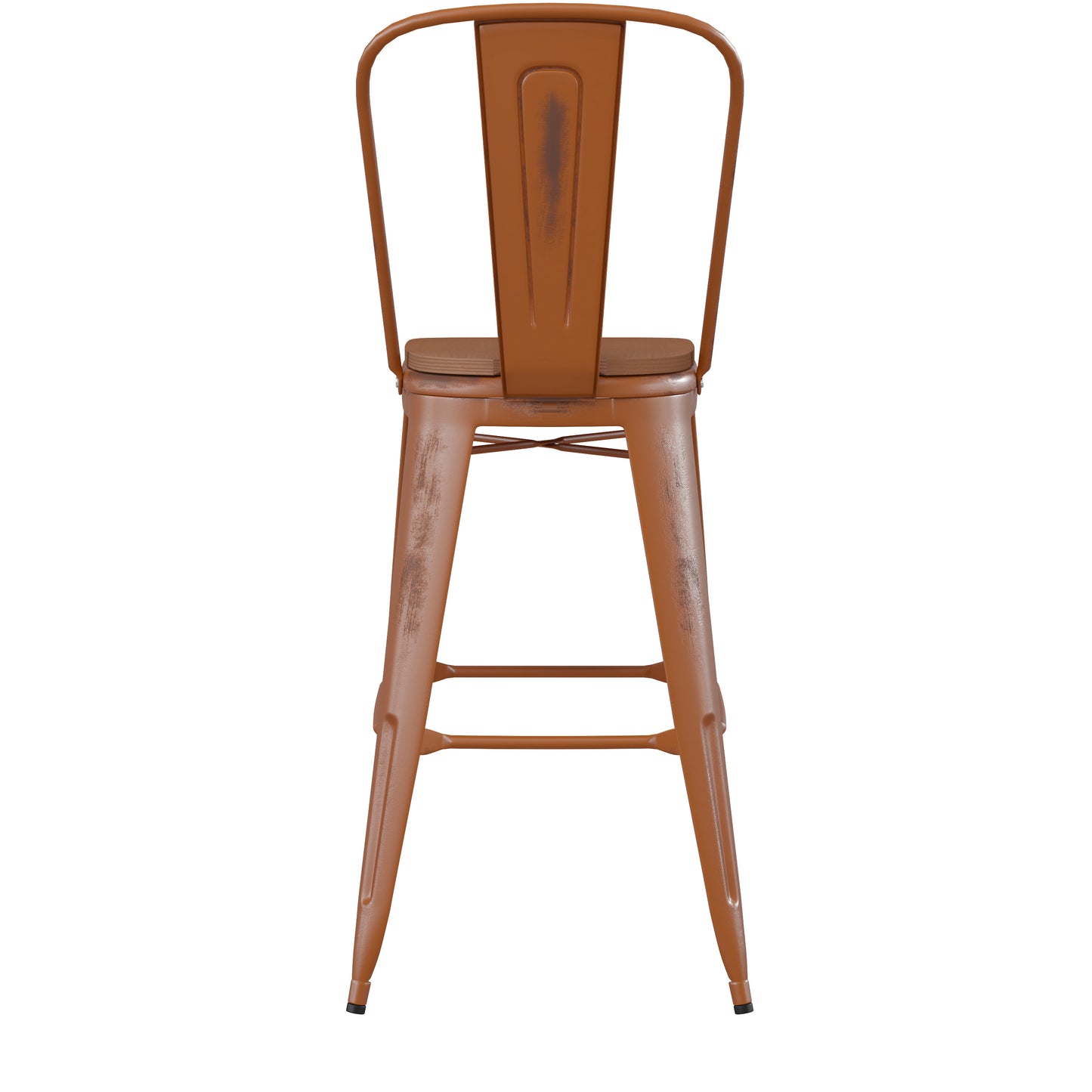 Carly Commercial Grade 30" High Orange Metal Indoor-Outdoor Barstool with Back with Teak Poly Resin Wood Seat