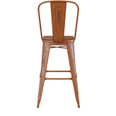 Carly Commercial Grade 30" High Orange Metal Indoor-Outdoor Barstool with Back with Teak Poly Resin Wood Seat