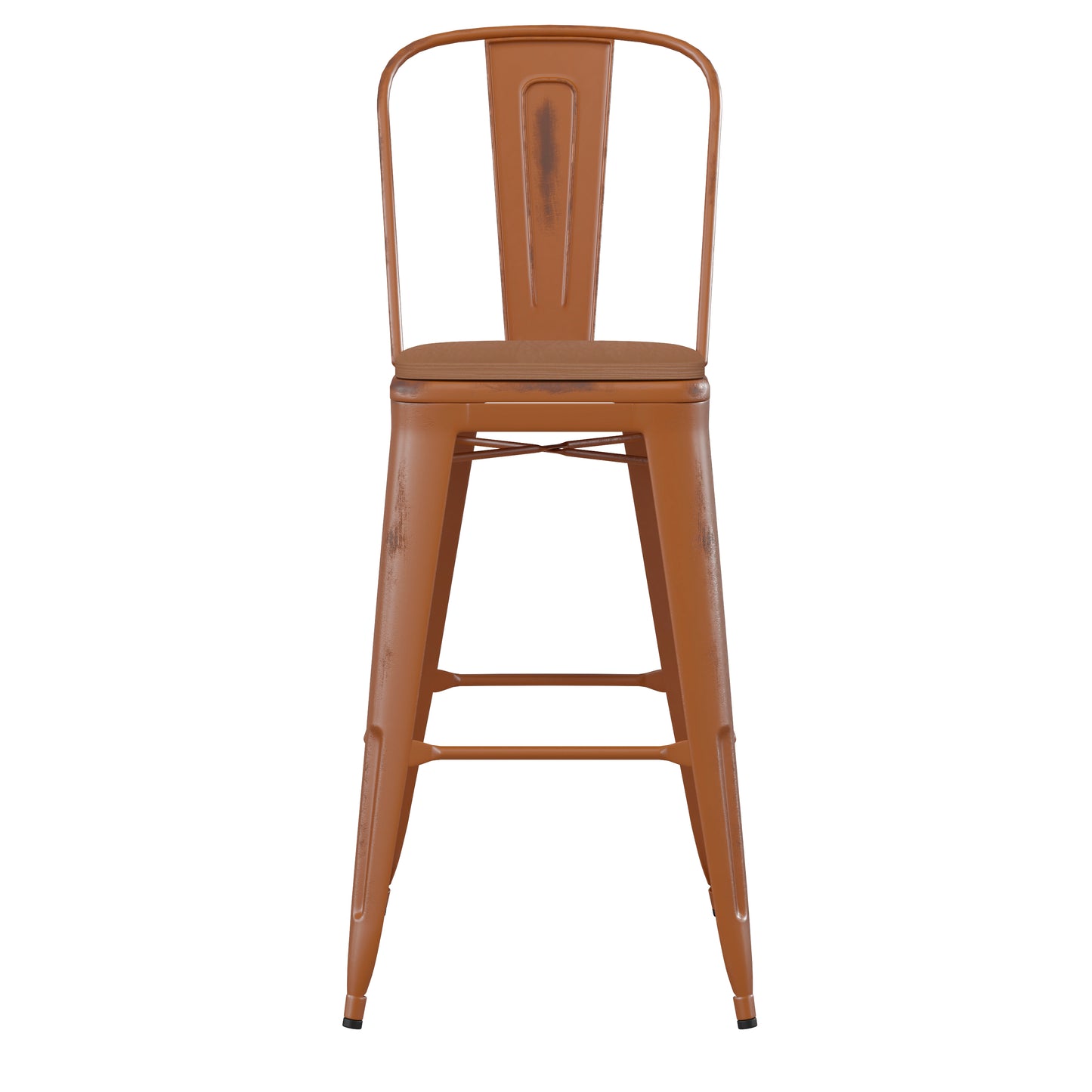 Carly Commercial Grade 30" High Orange Metal Indoor-Outdoor Barstool with Back with Teak Poly Resin Wood Seat