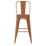 Carly Commercial Grade 30" High Orange Metal Indoor-Outdoor Barstool with Back with Teak Poly Resin Wood Seat