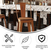 Carly Commercial Grade 30" High Orange Metal Indoor-Outdoor Barstool with Back with Teak Poly Resin Wood Seat