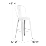 Carly Commercial Grade 30" High White Metal Indoor-Outdoor Barstool with Back with Gray Poly Resin Wood Seat