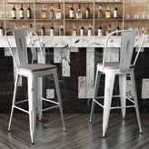 Carly Commercial Grade 30" High White Metal Indoor-Outdoor Barstool with Back with Gray Poly Resin Wood Seat