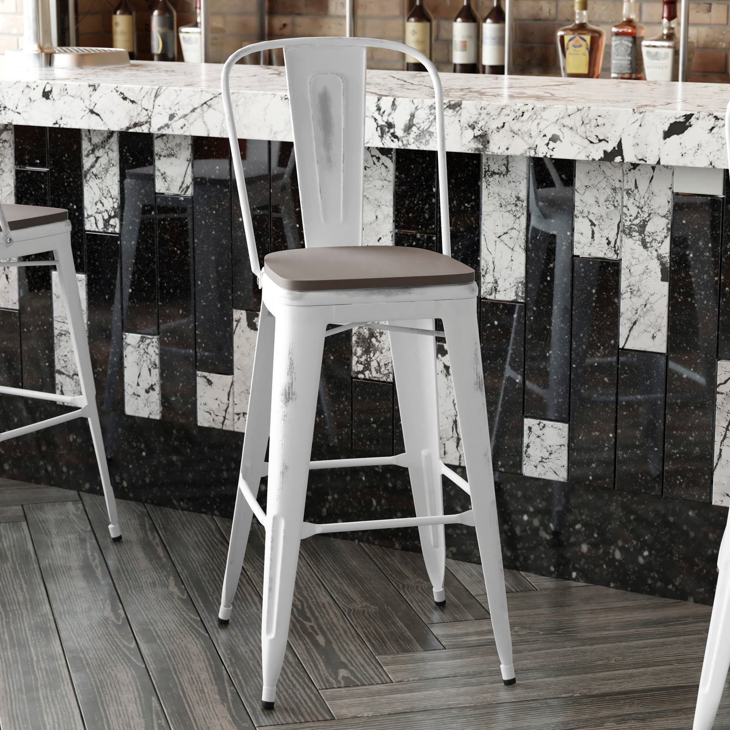 Carly Commercial Grade 30" High White Metal Indoor-Outdoor Barstool with Back with Gray Poly Resin Wood Seat