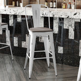 Carly Commercial Grade 30" High White Metal Indoor-Outdoor Barstool with Back with Gray Poly Resin Wood Seat