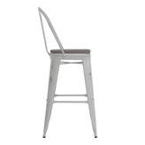 Carly Commercial Grade 30" High White Metal Indoor-Outdoor Barstool with Back with Gray Poly Resin Wood Seat