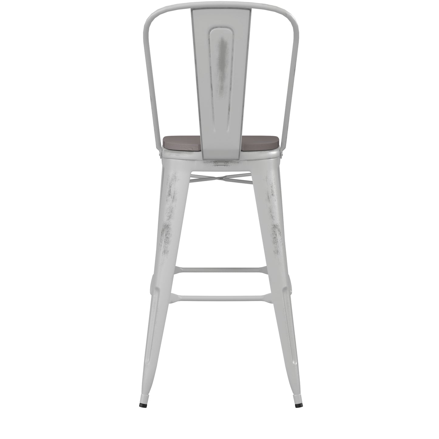 Carly Commercial Grade 30" High White Metal Indoor-Outdoor Barstool with Back with Gray Poly Resin Wood Seat