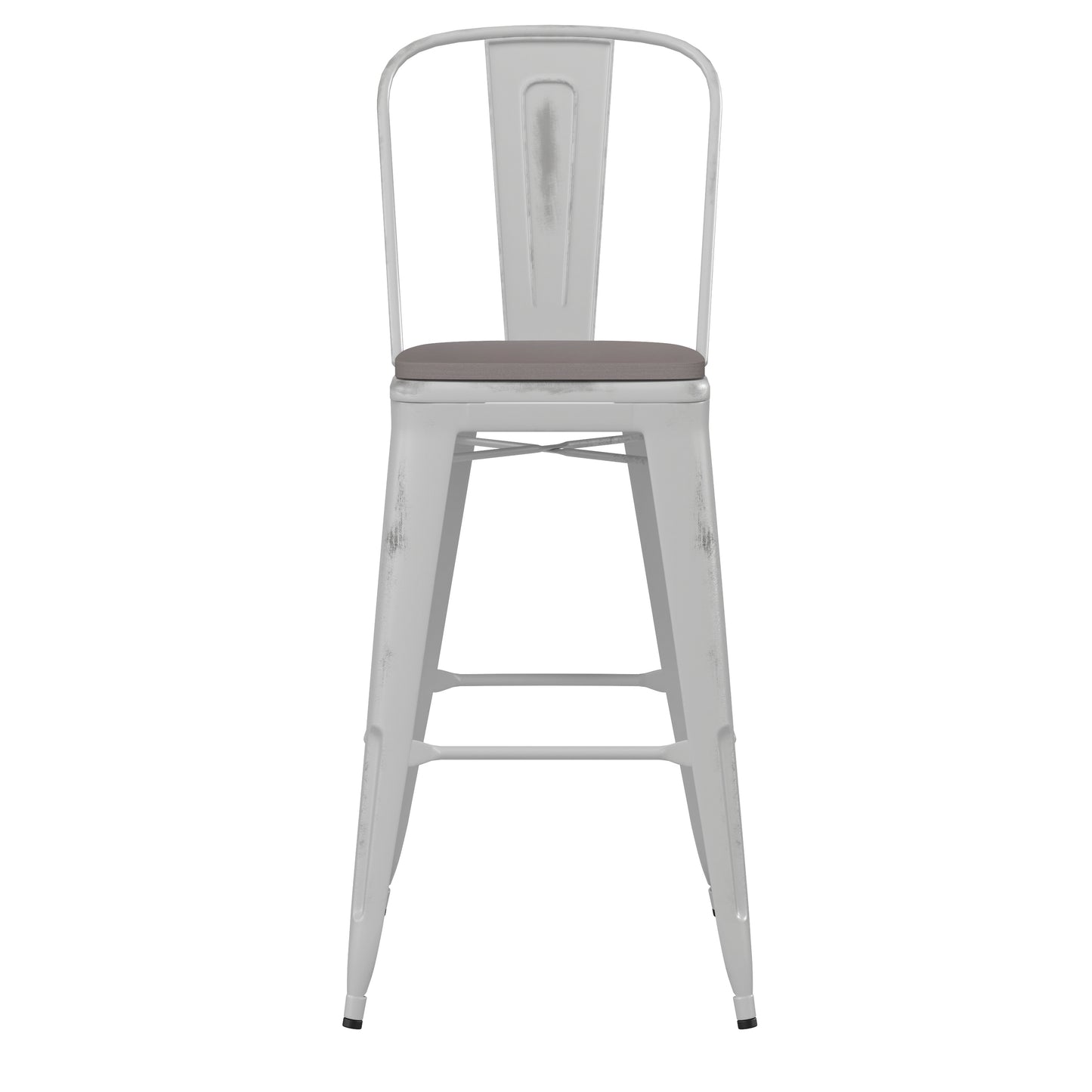 Carly Commercial Grade 30" High White Metal Indoor-Outdoor Barstool with Back with Gray Poly Resin Wood Seat