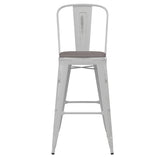 Carly Commercial Grade 30" High White Metal Indoor-Outdoor Barstool with Back with Gray Poly Resin Wood Seat