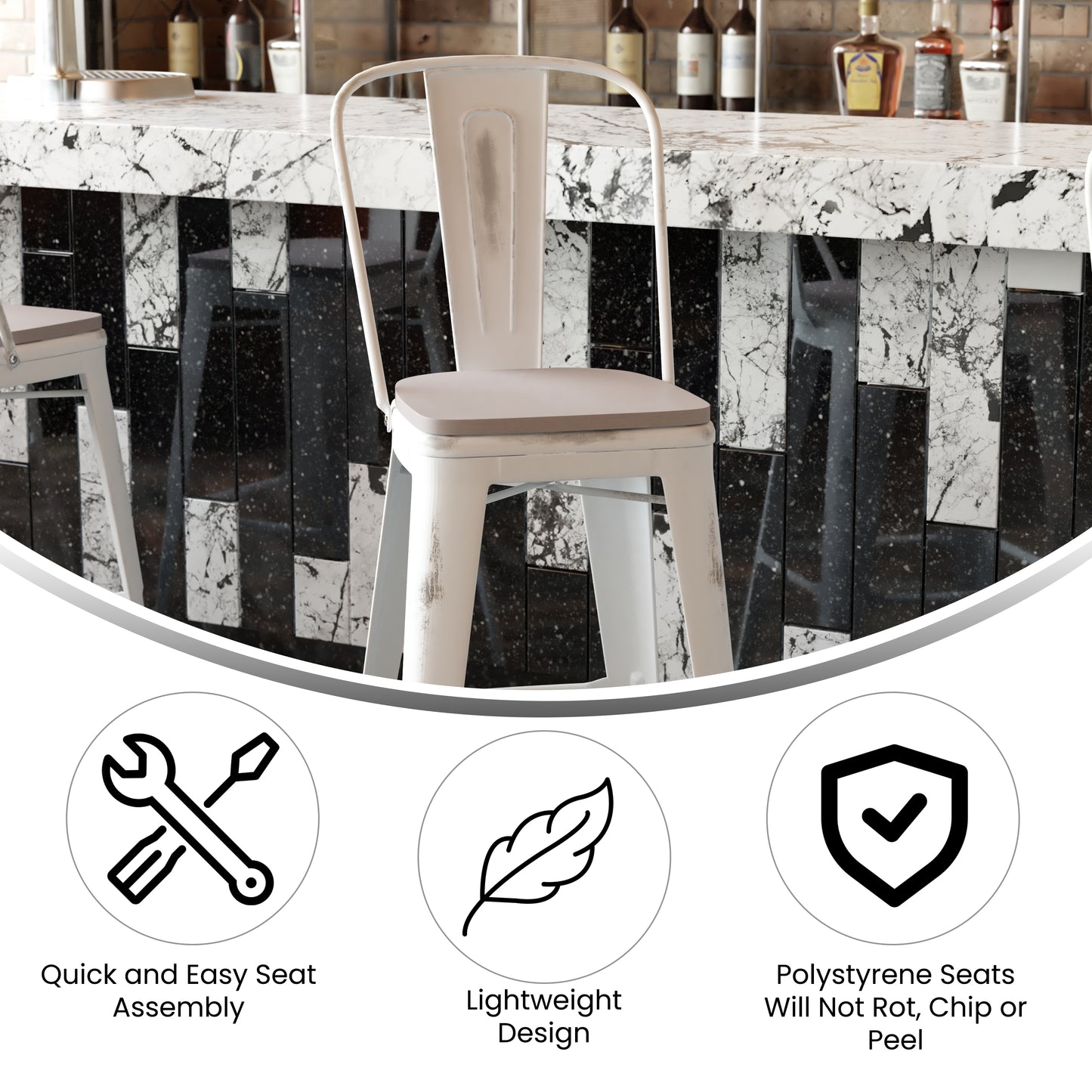 Carly Commercial Grade 30" High White Metal Indoor-Outdoor Barstool with Back with Gray Poly Resin Wood Seat