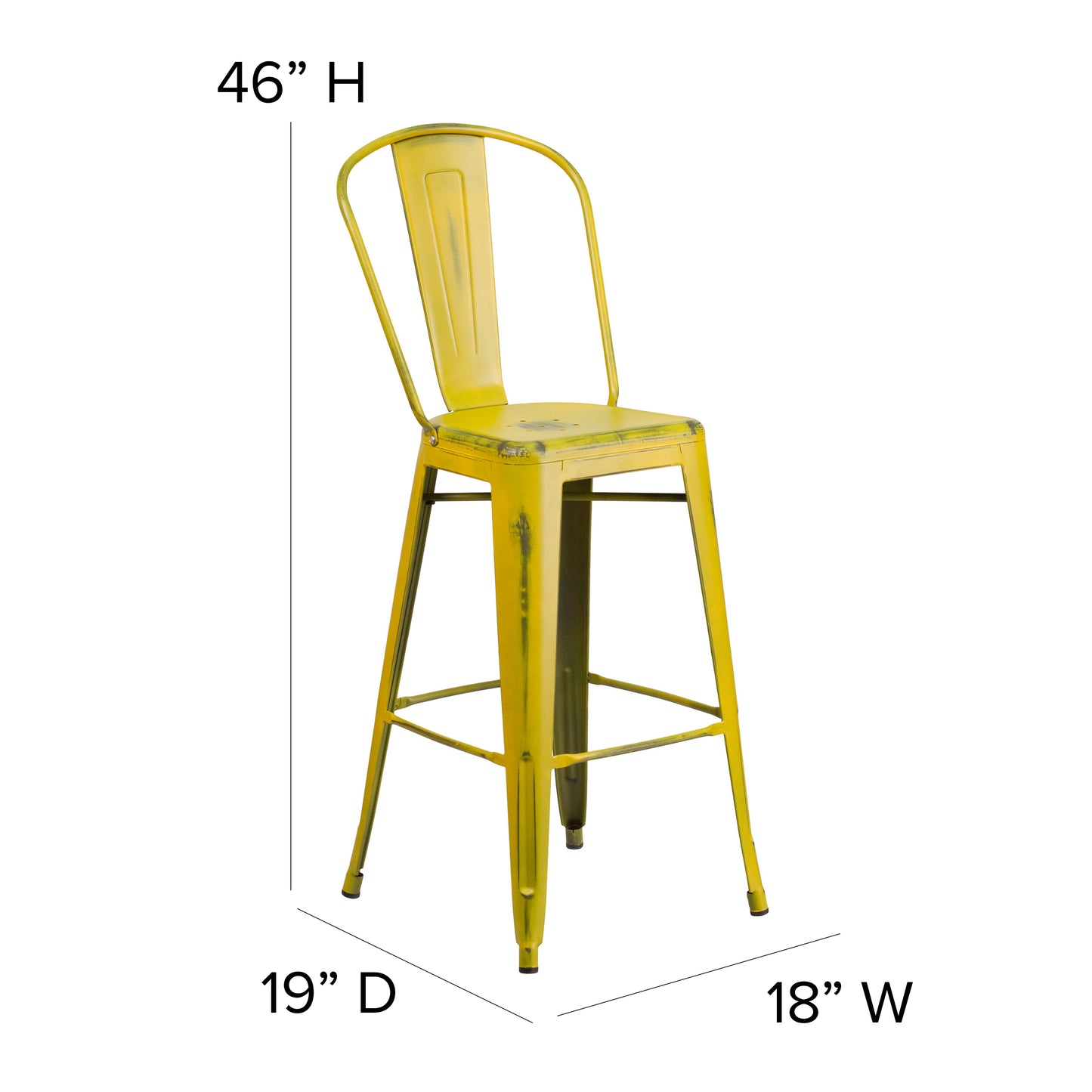 Carly Commercial Grade 30" High Yellow Metal Indoor-Outdoor Barstool with Back with Teak Poly Resin Wood Seat