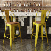 Carly Commercial Grade 30" High Yellow Metal Indoor-Outdoor Barstool with Back with Teak Poly Resin Wood Seat