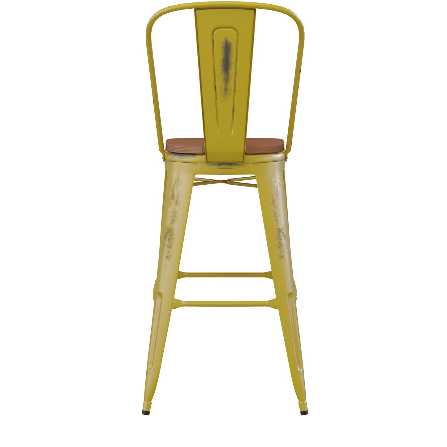 Carly Commercial Grade 30" High Yellow Metal Indoor-Outdoor Barstool with Back with Teak Poly Resin Wood Seat