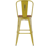 Carly Commercial Grade 30" High Yellow Metal Indoor-Outdoor Barstool with Back with Teak Poly Resin Wood Seat