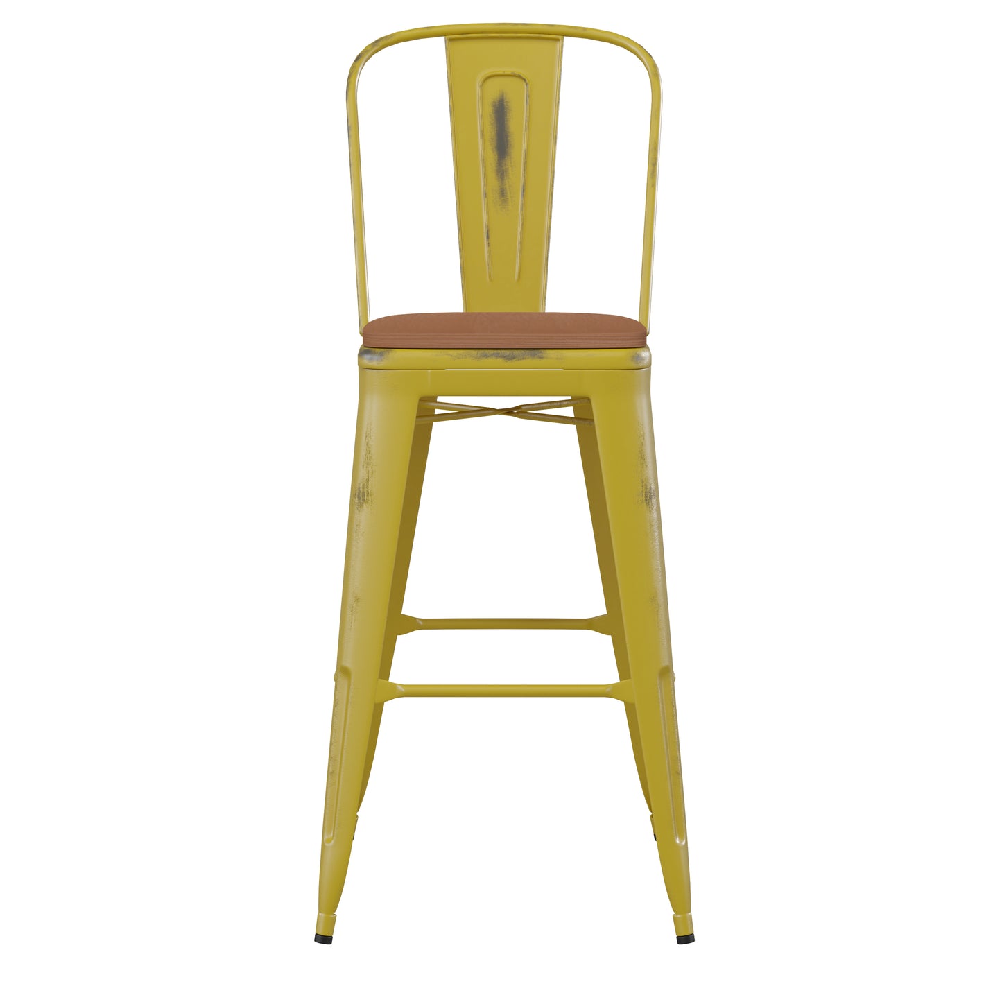 Carly Commercial Grade 30" High Yellow Metal Indoor-Outdoor Barstool with Back with Teak Poly Resin Wood Seat
