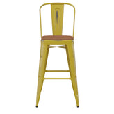 Carly Commercial Grade 30" High Yellow Metal Indoor-Outdoor Barstool with Back with Teak Poly Resin Wood Seat