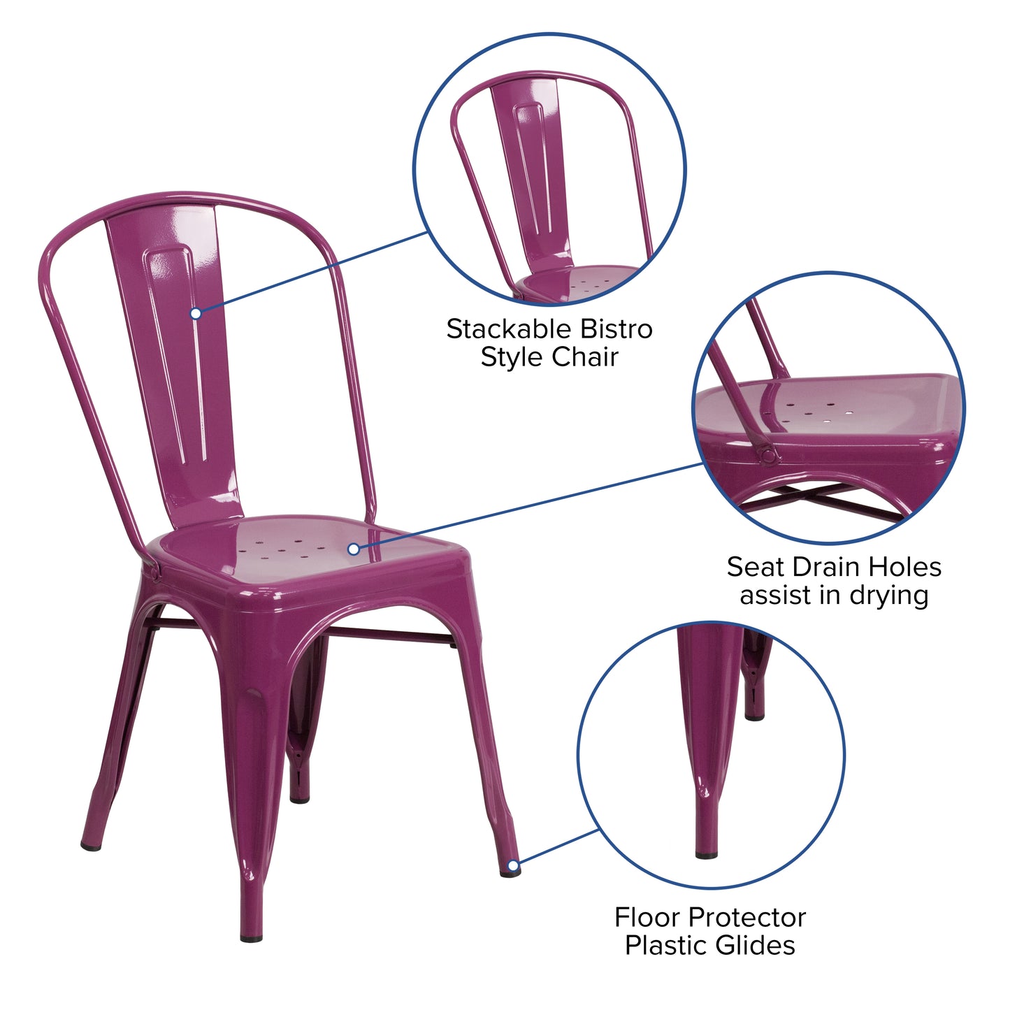Foster Commercial Grade 31.5" Square Purple Metal Indoor-Outdoor Table Set with 4 Stack Chairs