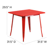 Foster Commercial Grade 31.5" Square Red Metal Indoor-Outdoor Table Set with 4 Stack Chairs