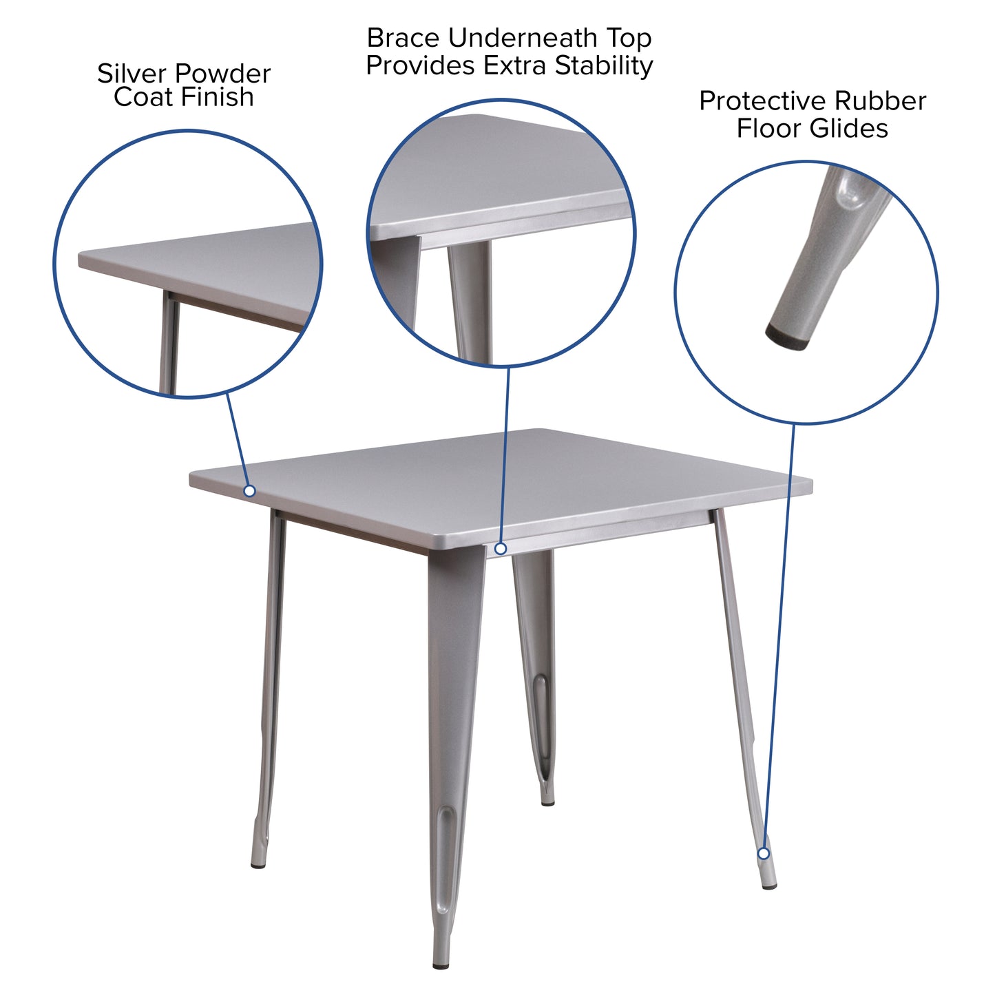 Foster Commercial Grade 31.5" Square Silver Metal Indoor-Outdoor Table Set with 4 Stack Chairs