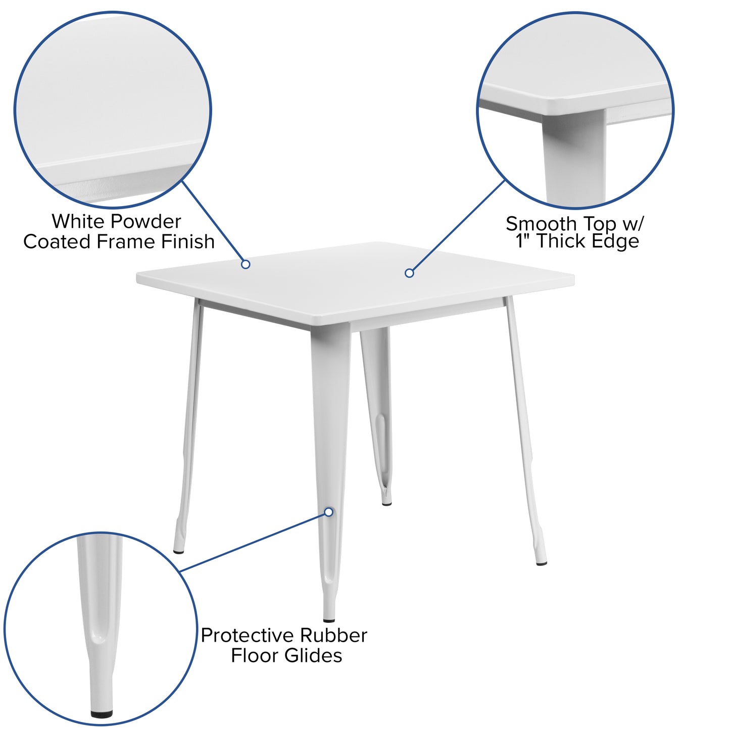 Foster Commercial Grade 31.5" Square White Metal Indoor-Outdoor Table Set with 4 Stack Chairs
