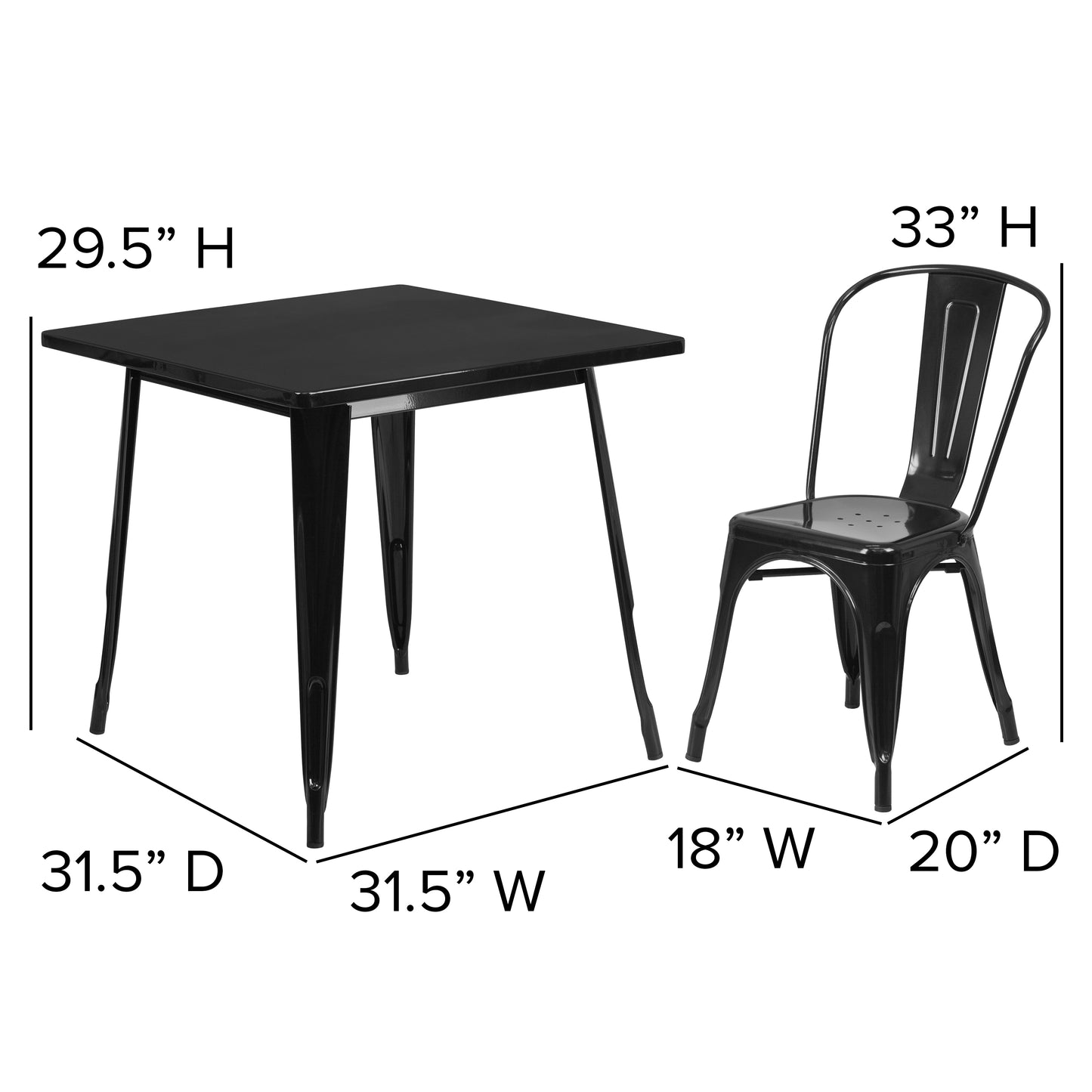 Foster Commercial Grade 31.5" Square Black Metal Indoor-Outdoor Table Set with 4 Stack Chairs