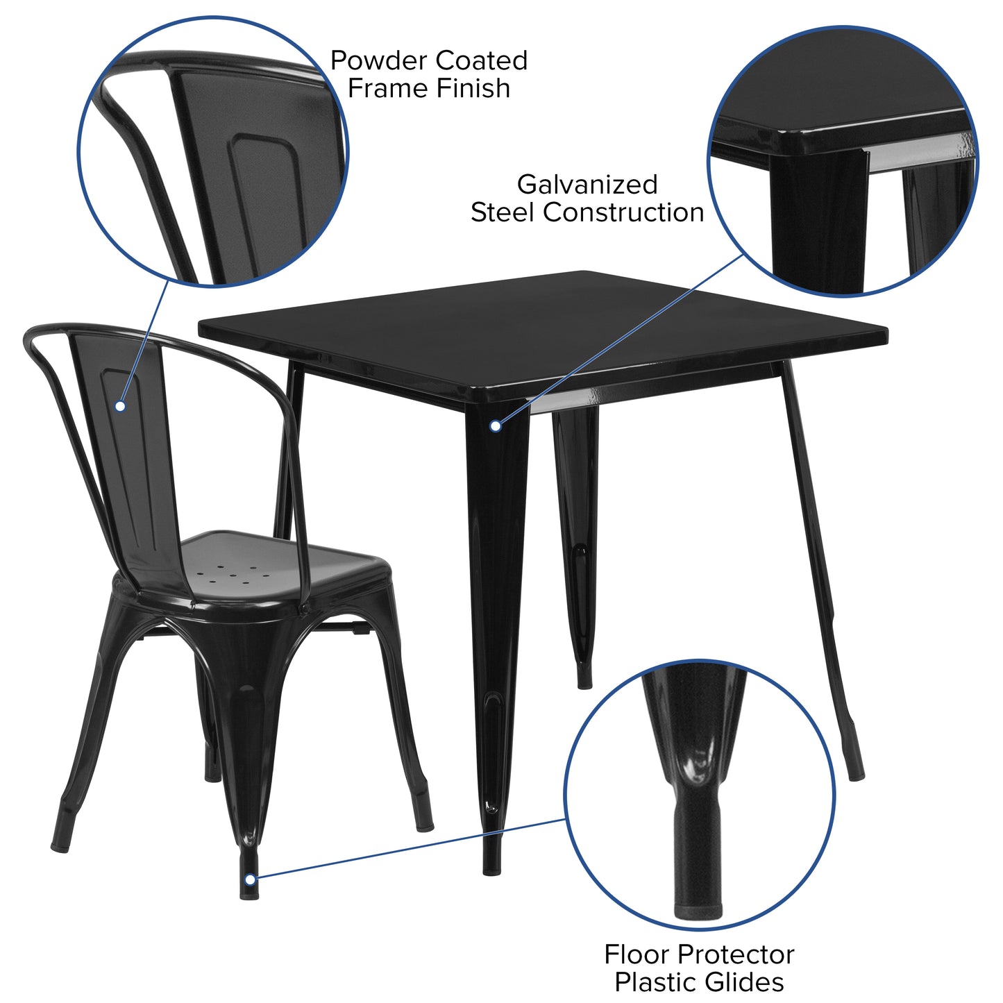 Foster Commercial Grade 31.5" Square Black Metal Indoor-Outdoor Table Set with 4 Stack Chairs