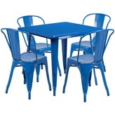 Foster Commercial Grade 31.5" Square Blue Metal Indoor-Outdoor Table Set with 4 Stack Chairs