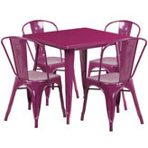 Foster Commercial Grade 31.5" Square Purple Metal Indoor-Outdoor Table Set with 4 Stack Chairs