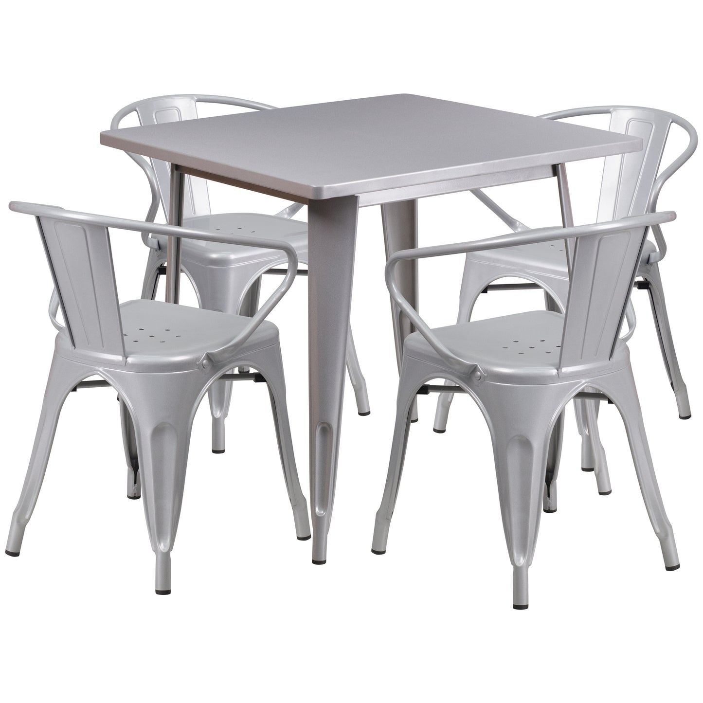 Grady Commercial Grade 31.5" Square Silver Metal Indoor-Outdoor Table Set with 4 Arm Chairs