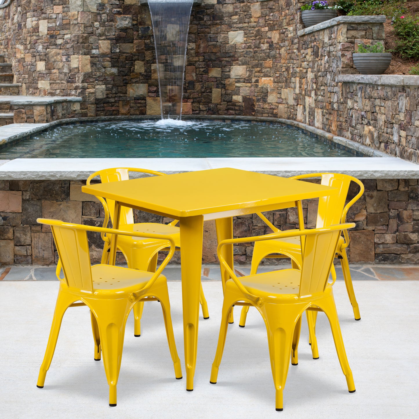 Grady Commercial Grade 31.5" Square Yellow Metal Indoor-Outdoor Table Set with 4 Arm Chairs