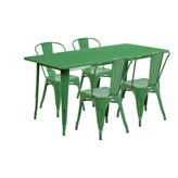 Darcy Commercial Grade 31.5" x 63" Rectangular Green Metal Indoor-Outdoor Table Set with 4 Stack Chairs