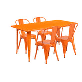 Darcy Commercial Grade 31.5" x 63" Rectangular Orange Metal Indoor-Outdoor Table Set with 4 Stack Chairs
