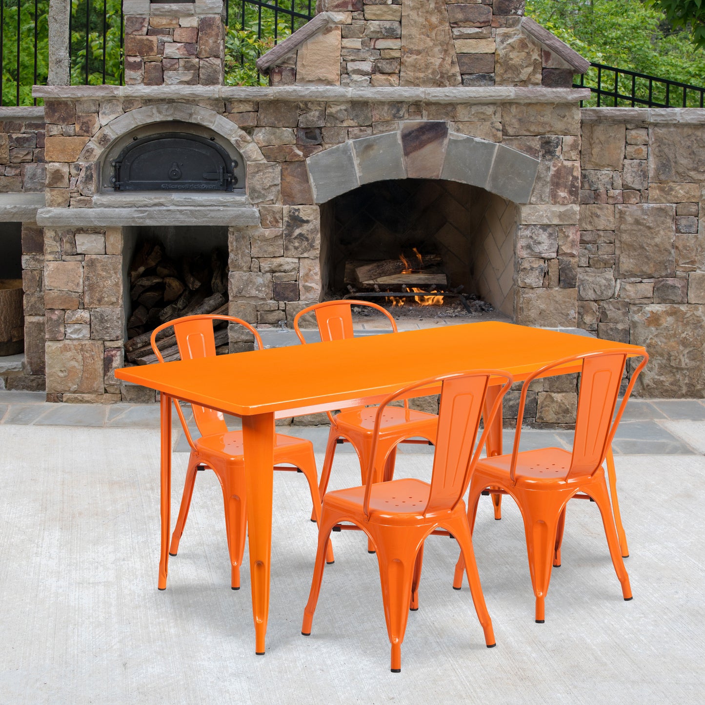 Darcy Commercial Grade 31.5" x 63" Rectangular Orange Metal Indoor-Outdoor Table Set with 4 Stack Chairs