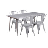 Darcy Commercial Grade 31.5" x 63" Rectangular Silver Metal Indoor-Outdoor Table Set with 4 Stack Chairs