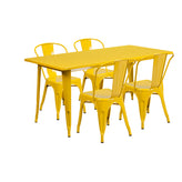 Darcy Commercial Grade 31.5" x 63" Rectangular Yellow Metal Indoor-Outdoor Table Set with 4 Stack Chairs