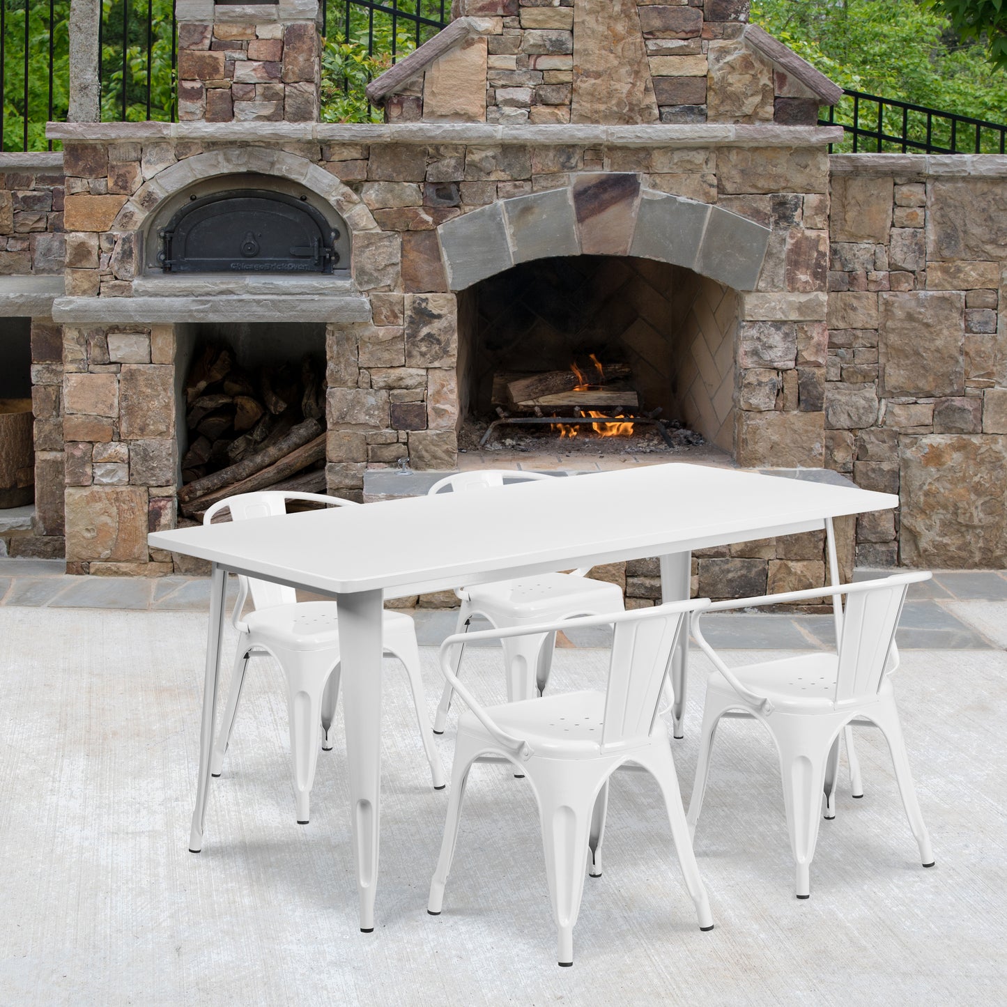 Fisher Commercial Grade 31.5" x 63" Rectangular White Metal Indoor-Outdoor Table Set with 4 Arm Chairs