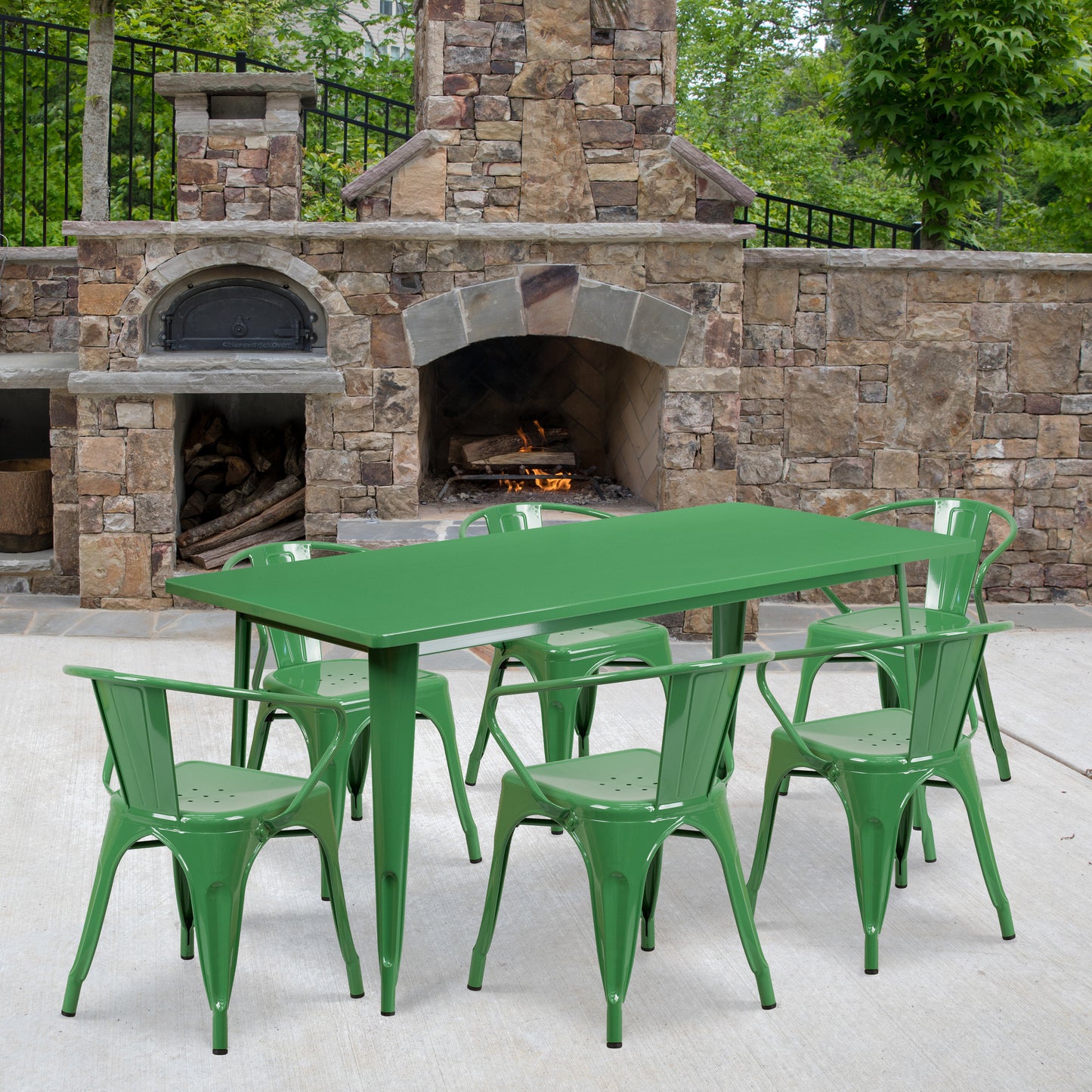 Oakley Commercial Grade 31.5" x 63" Rectangular Green Metal Indoor-Outdoor Table Set with 6 Arm Chairs