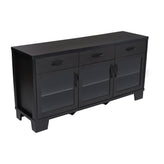 Wells Black 59 Inch Modern Kitchen and Dining Room Buffet Sideboard Storage Cabinet, Engineered Wood with 3 Tempered Glass Doors and 3 Drawers