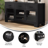 Wells Black 59 Inch Modern Kitchen and Dining Room Buffet Sideboard Storage Cabinet, Engineered Wood with 3 Tempered Glass Doors and 3 Drawers