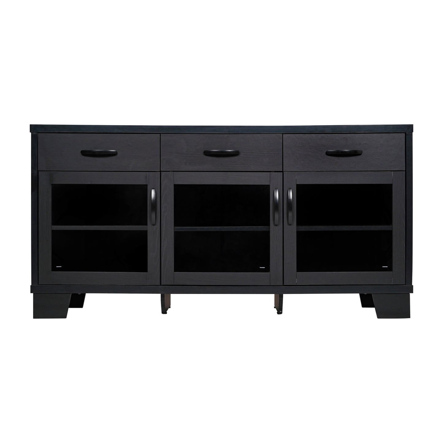 Wells Black 59 Inch Modern Kitchen and Dining Room Buffet Sideboard Storage Cabinet, Engineered Wood with 3 Tempered Glass Doors and 3 Drawers