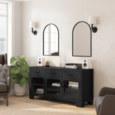 Wells Black 59 Inch Modern Kitchen and Dining Room Buffet Sideboard Storage Cabinet, Engineered Wood with 3 Tempered Glass Doors and 3 Drawers