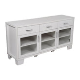 Wells White 59 Inch Modern Kitchen and Dining Room Buffet Sideboard Storage Cabinet, Engineered Wood with 3 Tempered Glass Doors and 3 Drawers