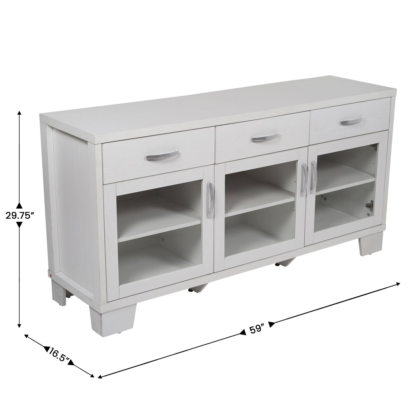 Wells White 59 Inch Modern Kitchen and Dining Room Buffet Sideboard Storage Cabinet, Engineered Wood with 3 Tempered Glass Doors and 3 Drawers